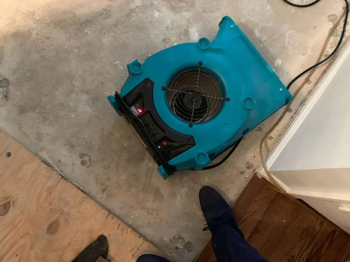 Air mover drying subfloor during Commercial Water Damage Restoration in Rockdale